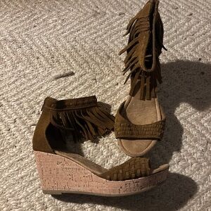 Minnetonka Brown Fringe Wedge Sandals
